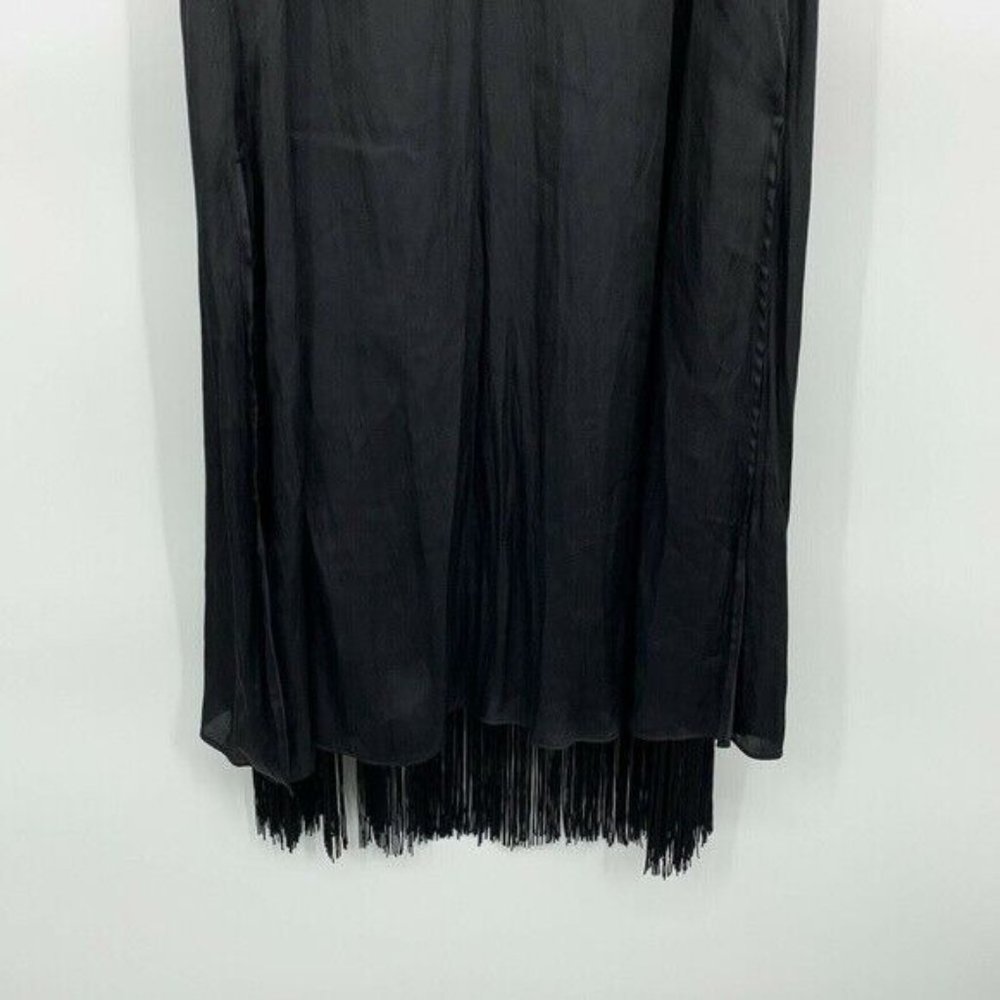 Massimo Dutti Maxi Dress Black Satin Sleeveless Tie Neck Fringe Slit - Picture 6 of 10